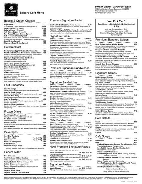 panera bread menu pdf.